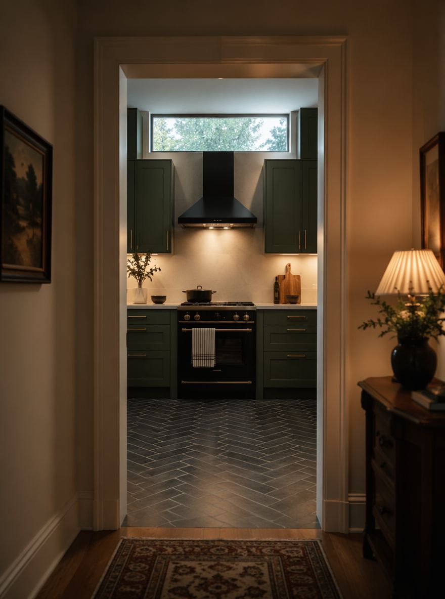 Cocina enmarcada en la puerta, gabinetes salvia al fondo