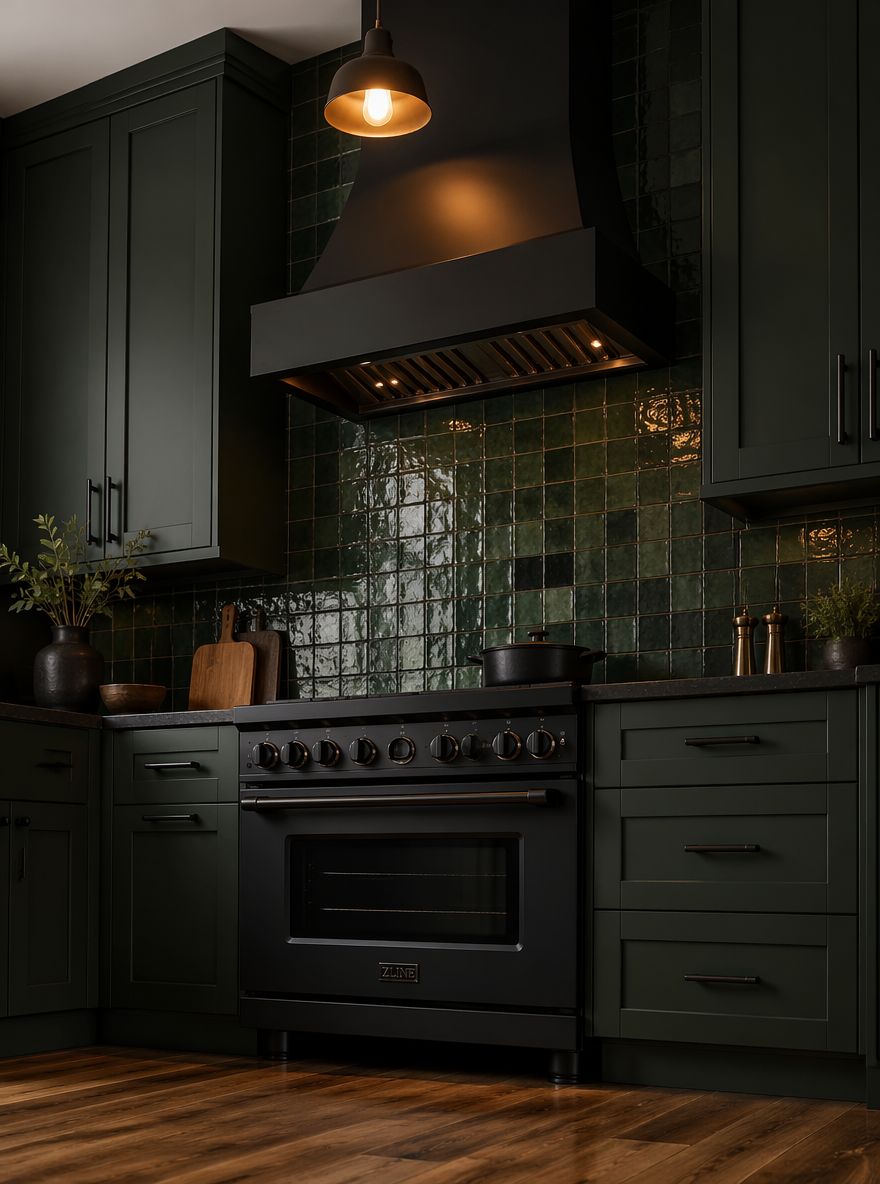 Zellige verde tonal tras cocina negra mate