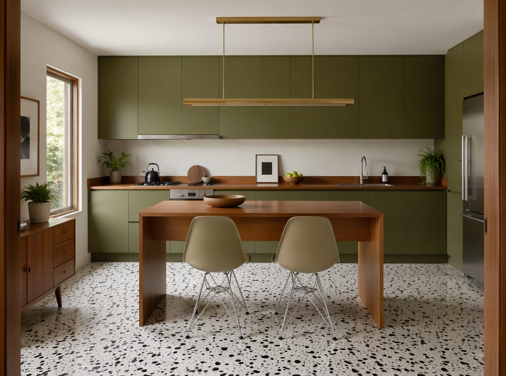 Paneles lisos oliva y teca en cocina mid-century
