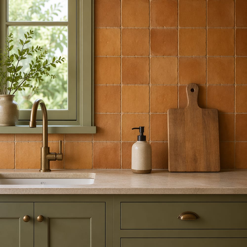 Revestimiento de azulejos terracota enmarcado por gabinetes salvia
