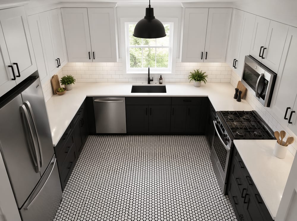 Cocina cuadrada compacta con piso de mosaico de monedas