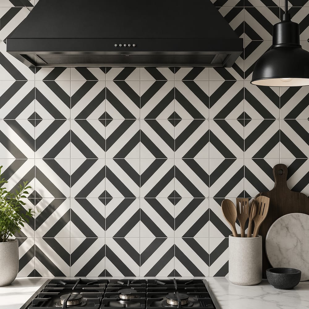Salpicadero geométrico de azulejos encáusticos sobre la cocina