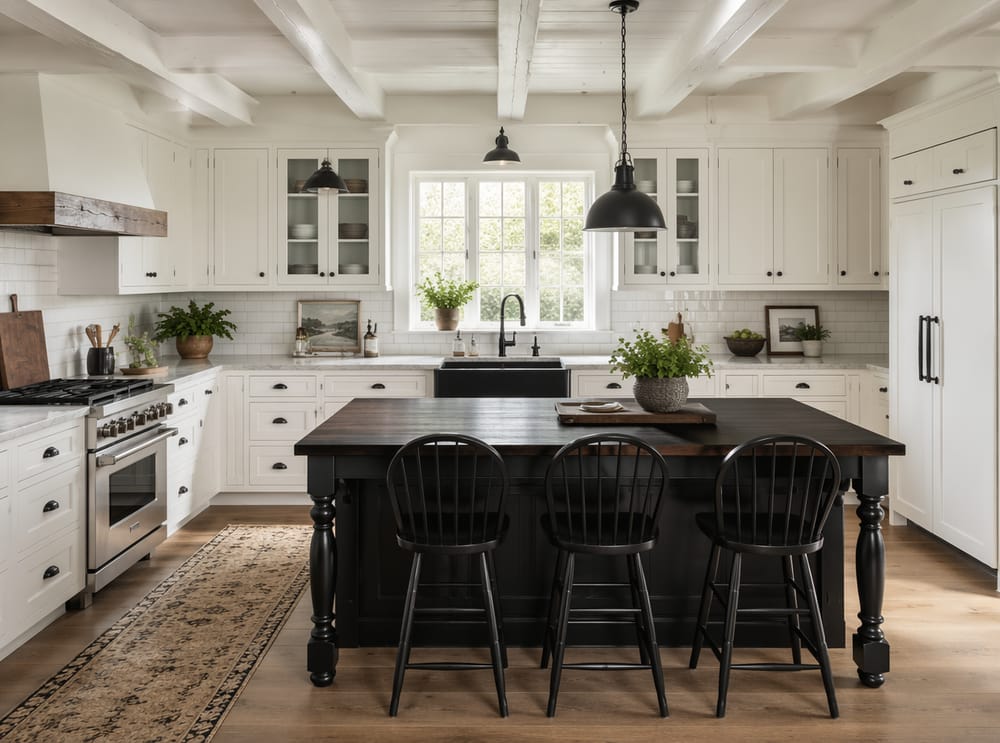 Cocina estilo farmhouse con fregadero y isla en negro