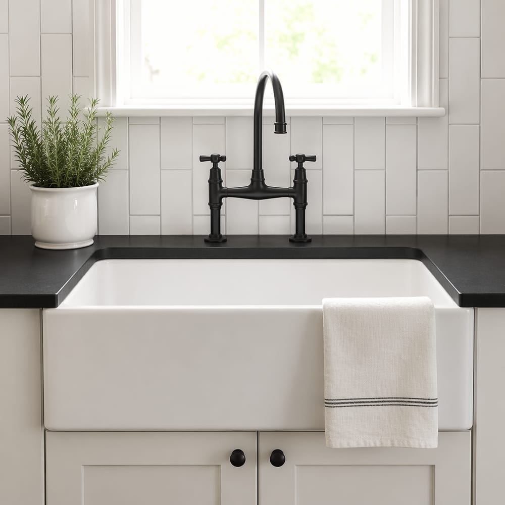 Fregadero blanco estilo farmhouse con grifo puente negro mate