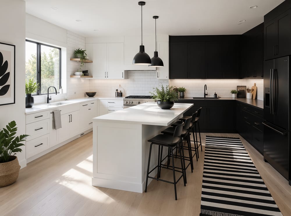 Cocina en L con línea de contraste bicolor marcada