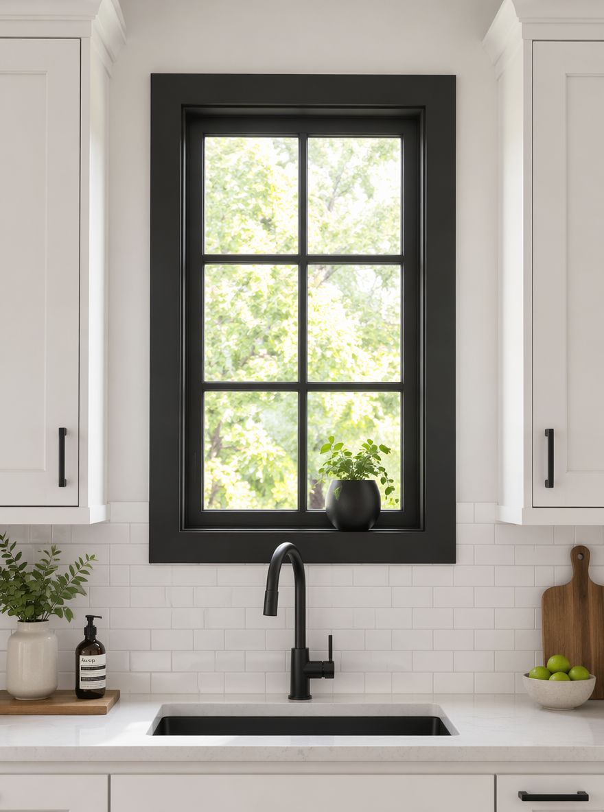 Ventana con marco negro centrada en pared de gabinetes blancos
