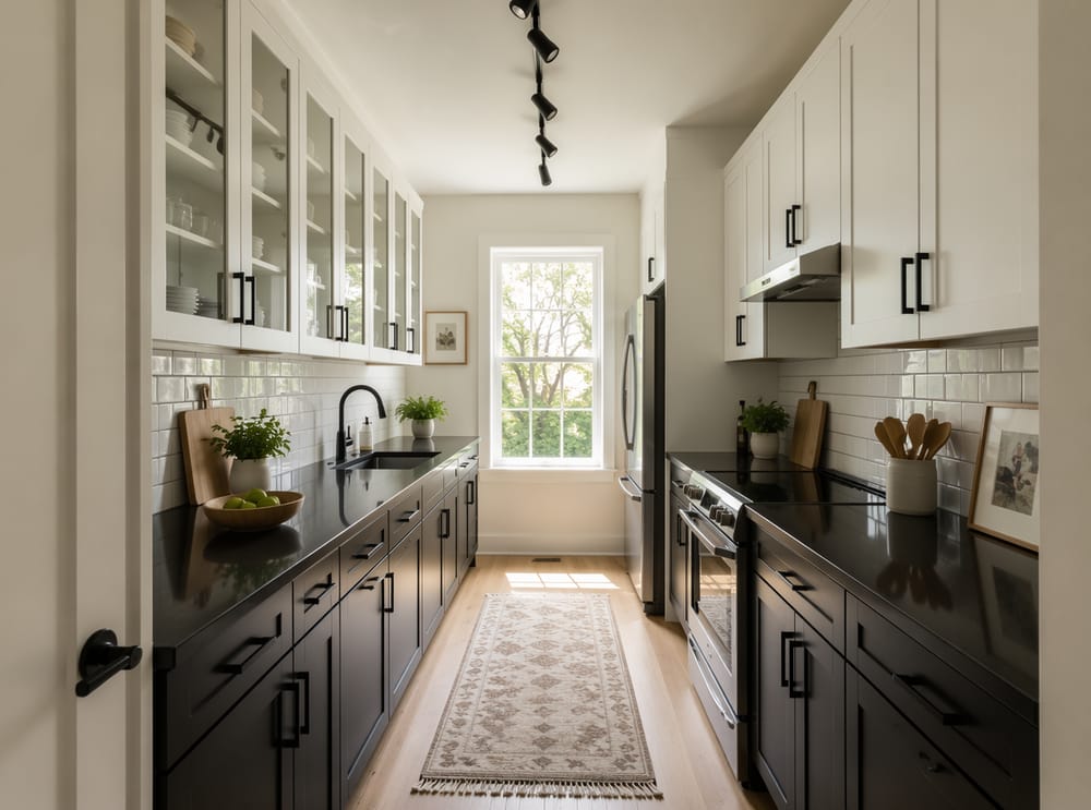Cocina estrecha en galería con muros en blanco y negro espejo