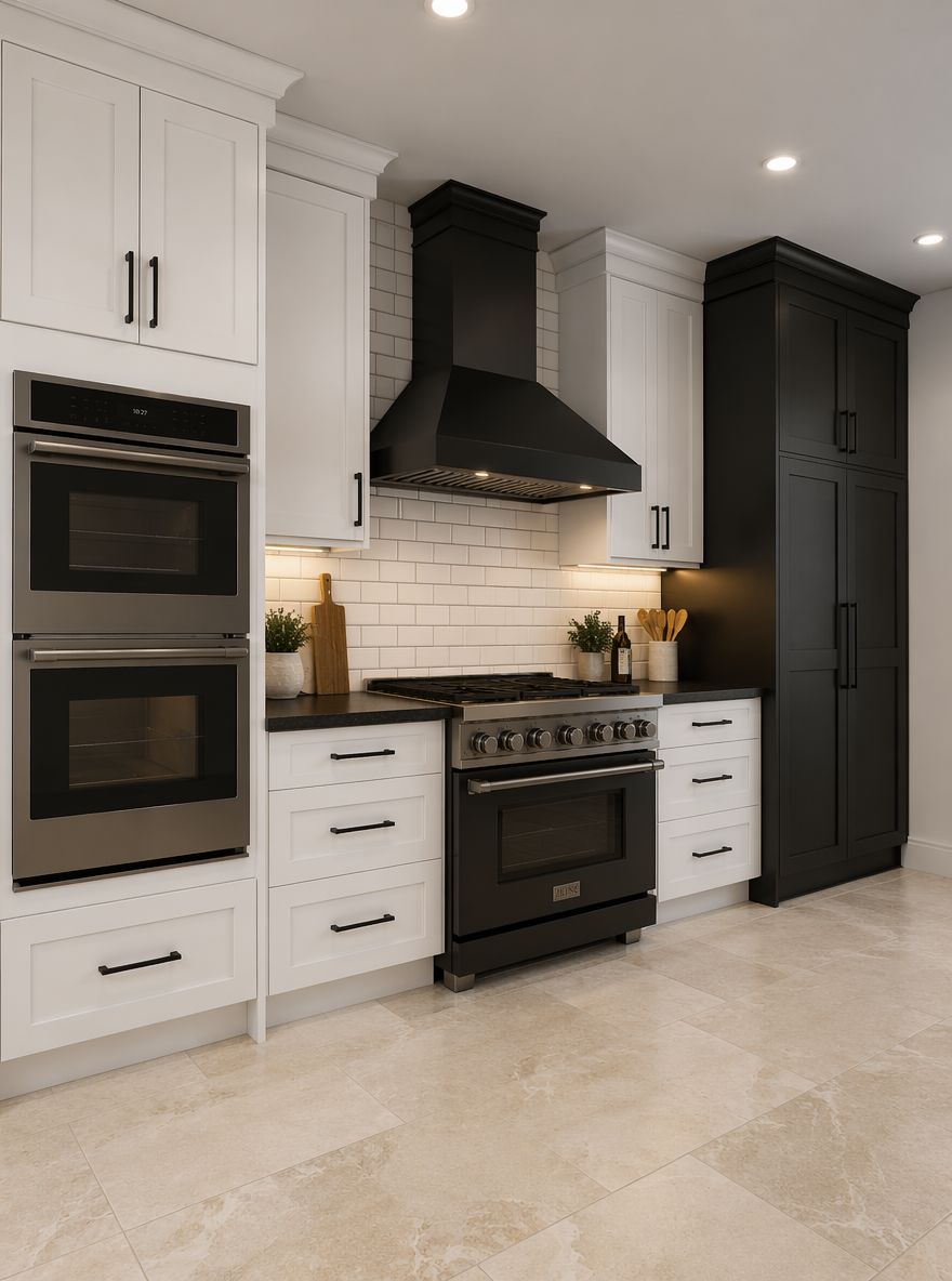 Zona de cocina entre columna de horno blanco y despensa negra