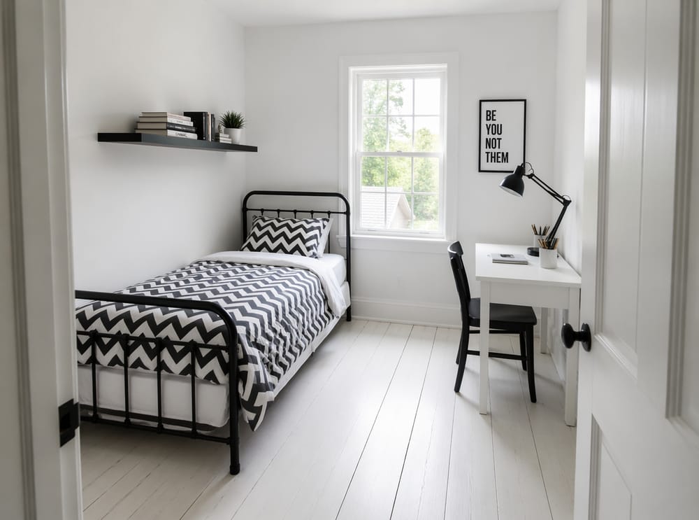 Letto singolo ad angolo con mensola nera sospesa