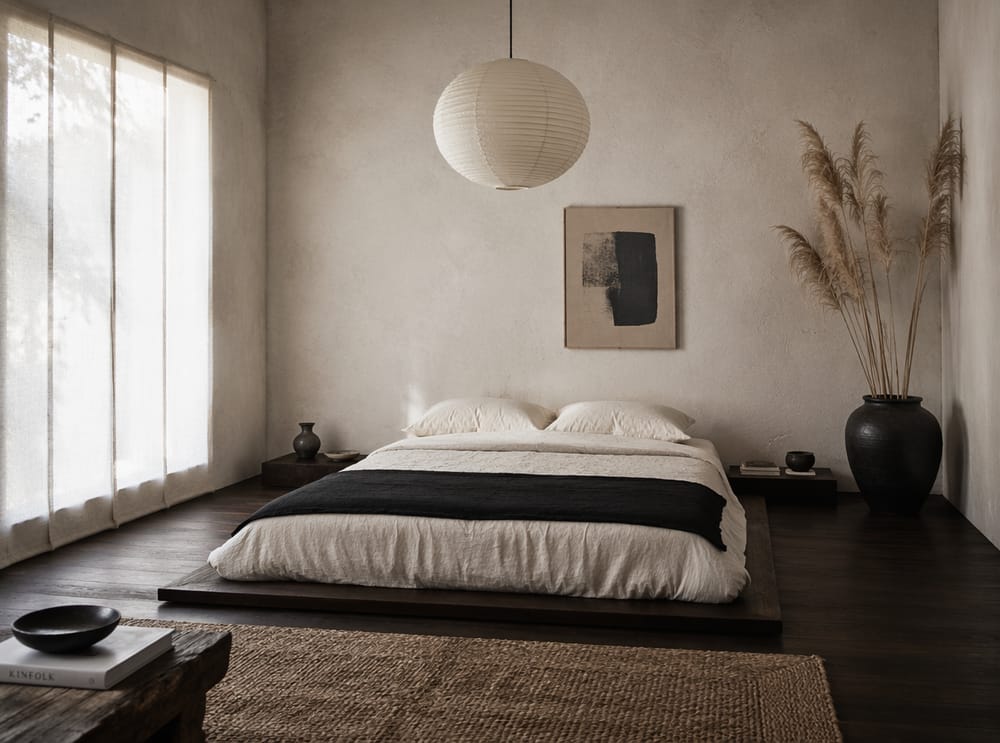 Letto basso in una stanza bianca con stelo secco
