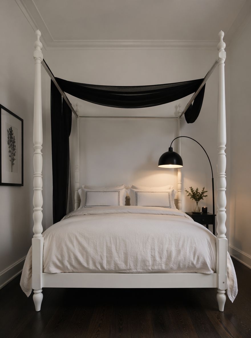 Baldacchino in lino nero drappeggiato su letto bianco a quattro colonne