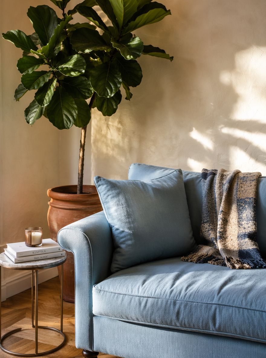 Divano azzurro in angolo con ficus lyrata