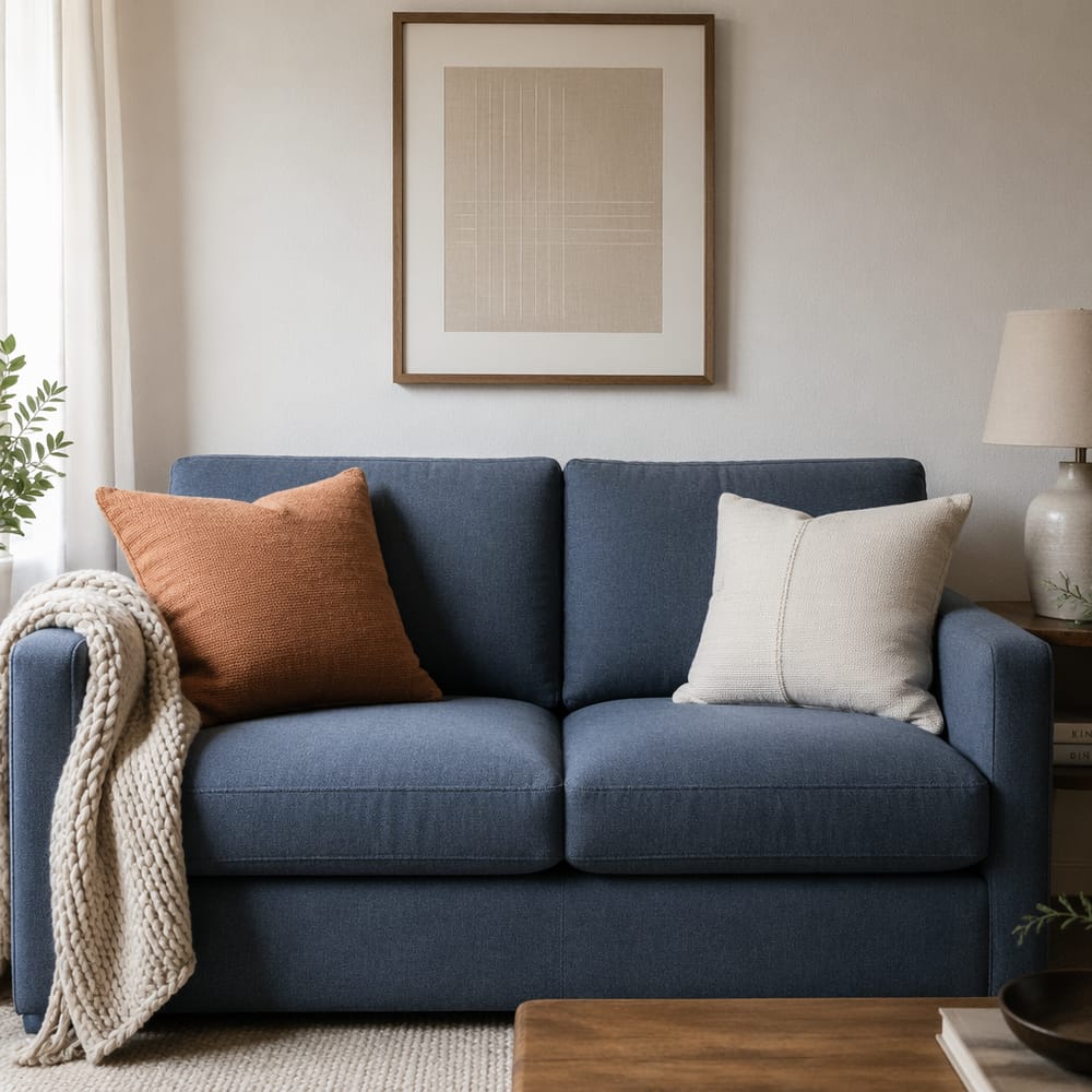 Divano blu acciaio, cuscini e plaid con texture