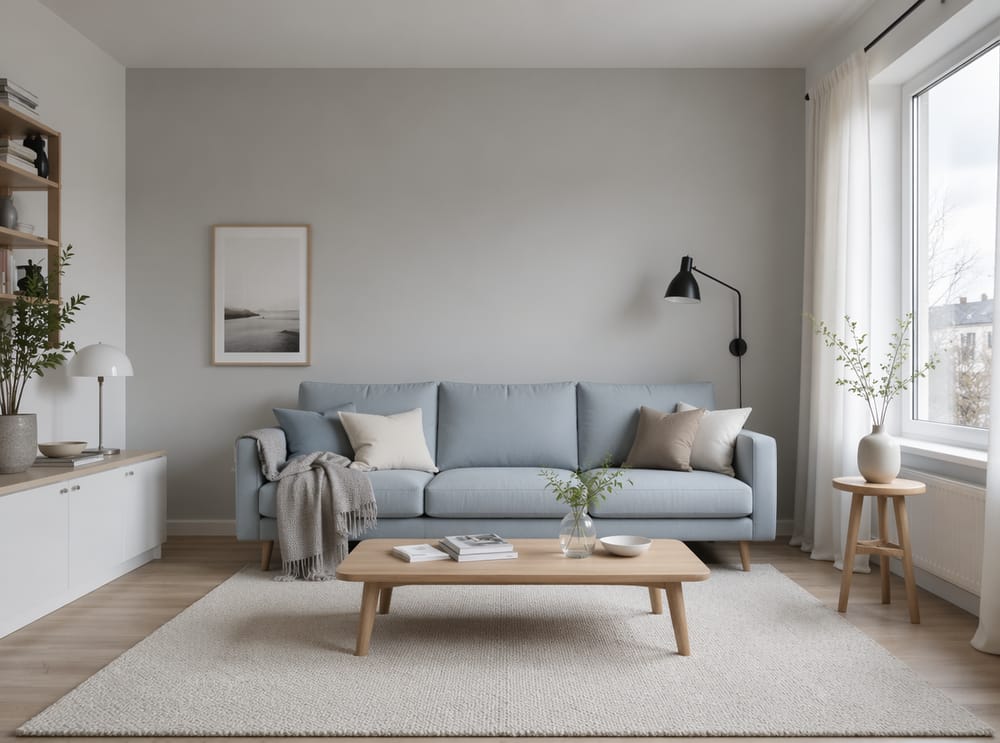 Divano blu ghiaccio in layout minimal scandinavo