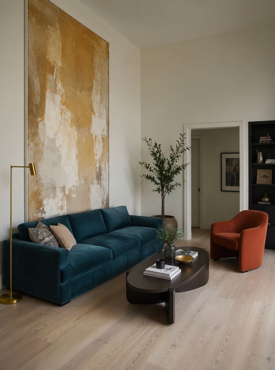 Divano teal scuro sotto grande quadro ocra