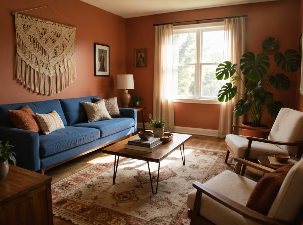 Divano blu fiordaliso contro pareti terracotta, angolo monstera