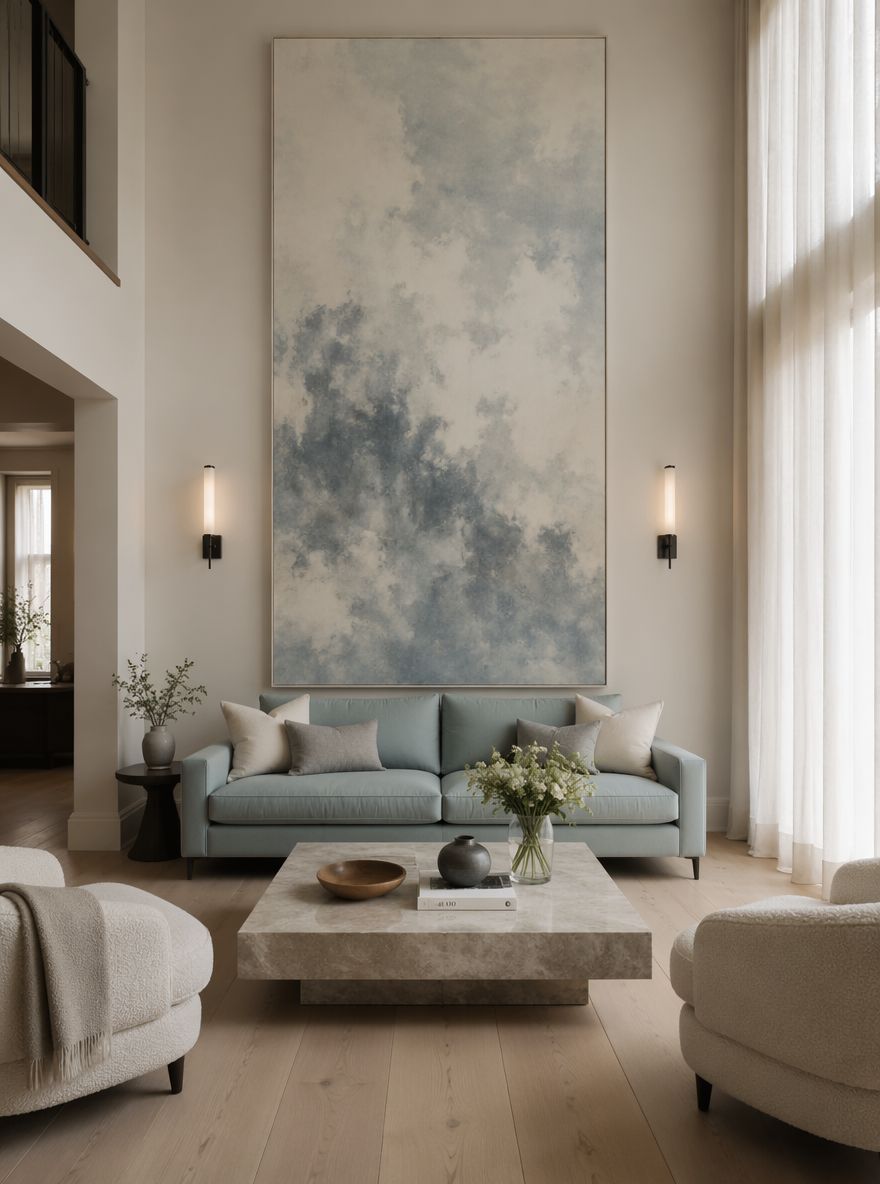 Divano duck egg, quadro oversize su parete alta