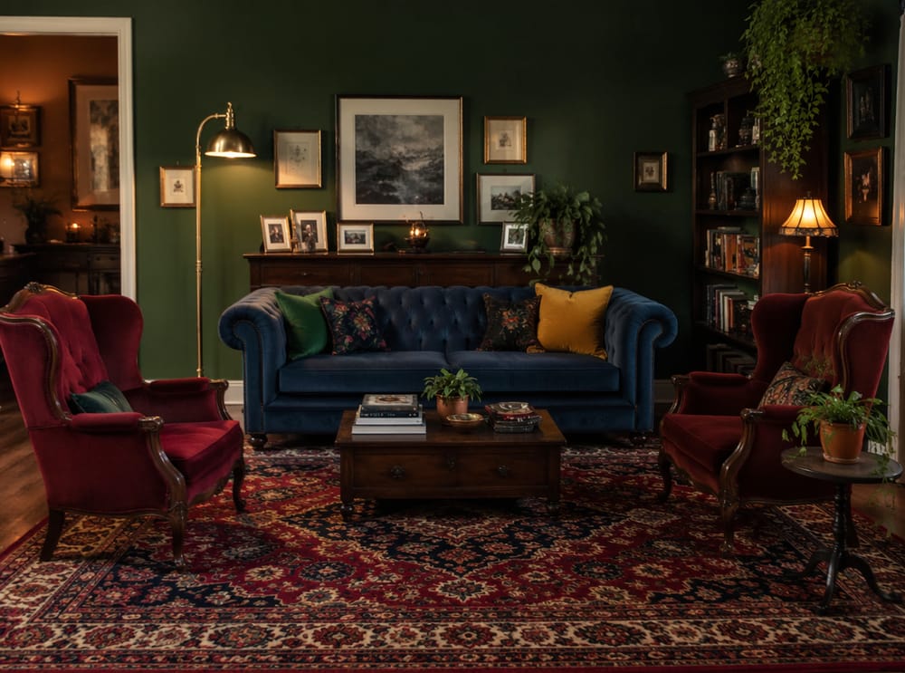 Divano chesterfield cobalto contro verde bosco, tappeto toni gioiello