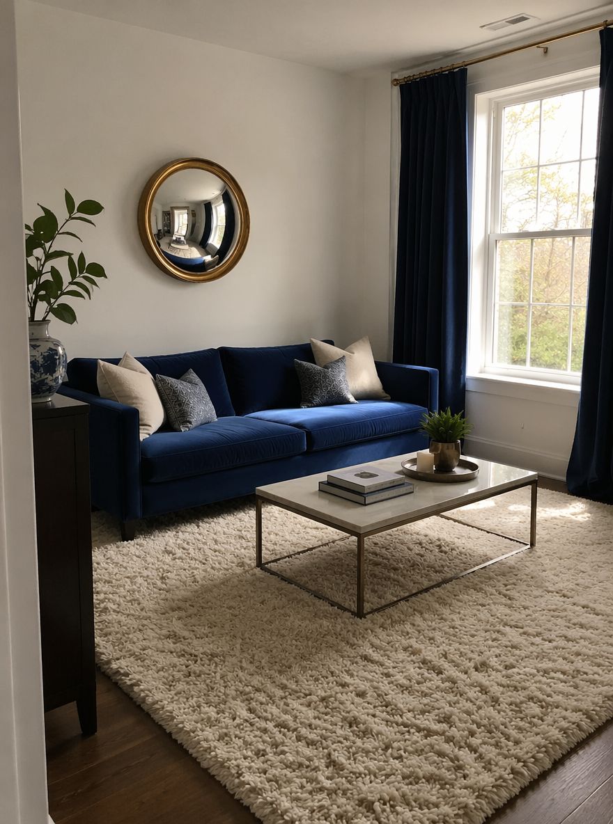Divano blu royal accanto alla finestra con tende navy