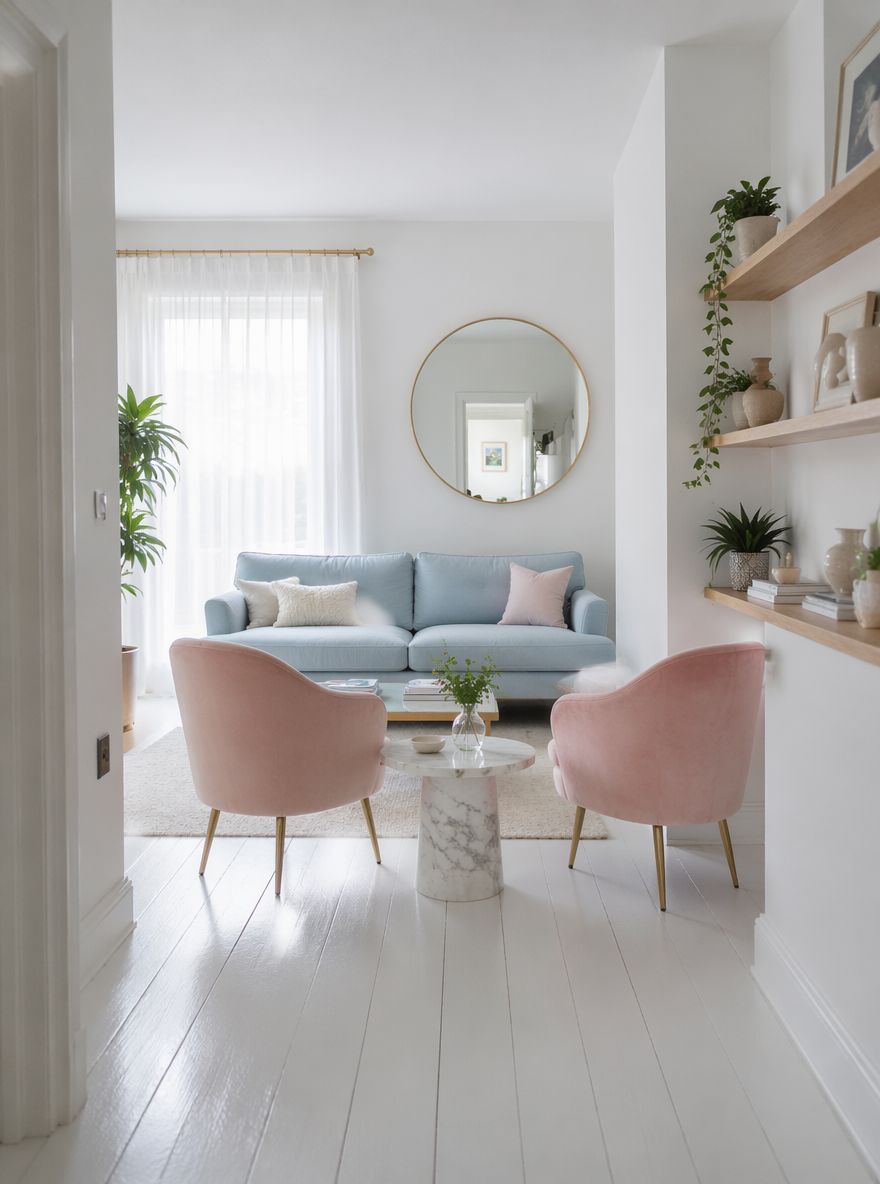 Divano baby blue, specchio tondo dorato, poltrone rosa