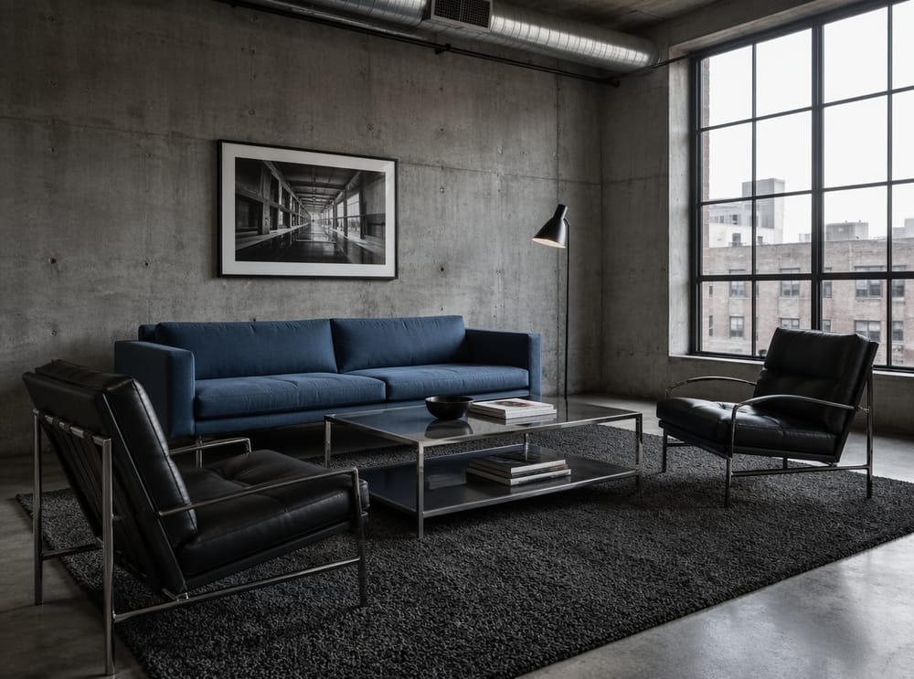 Divano blu acciaio su cemento grezzo, stile industriale