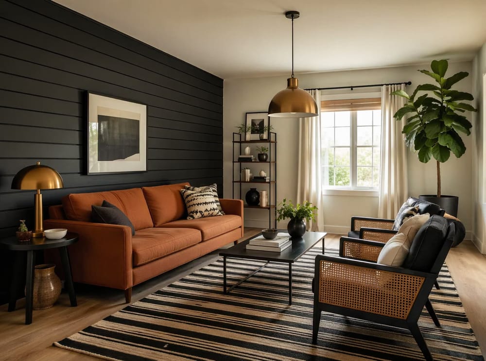 Svart panelvegg bak en rustoransje 60-talls sofa
