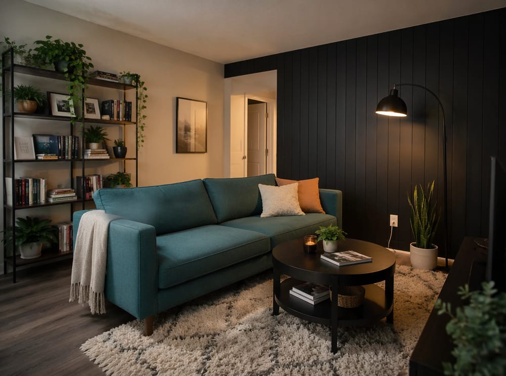 Svart spaltepanel ved siden av en teal sofa