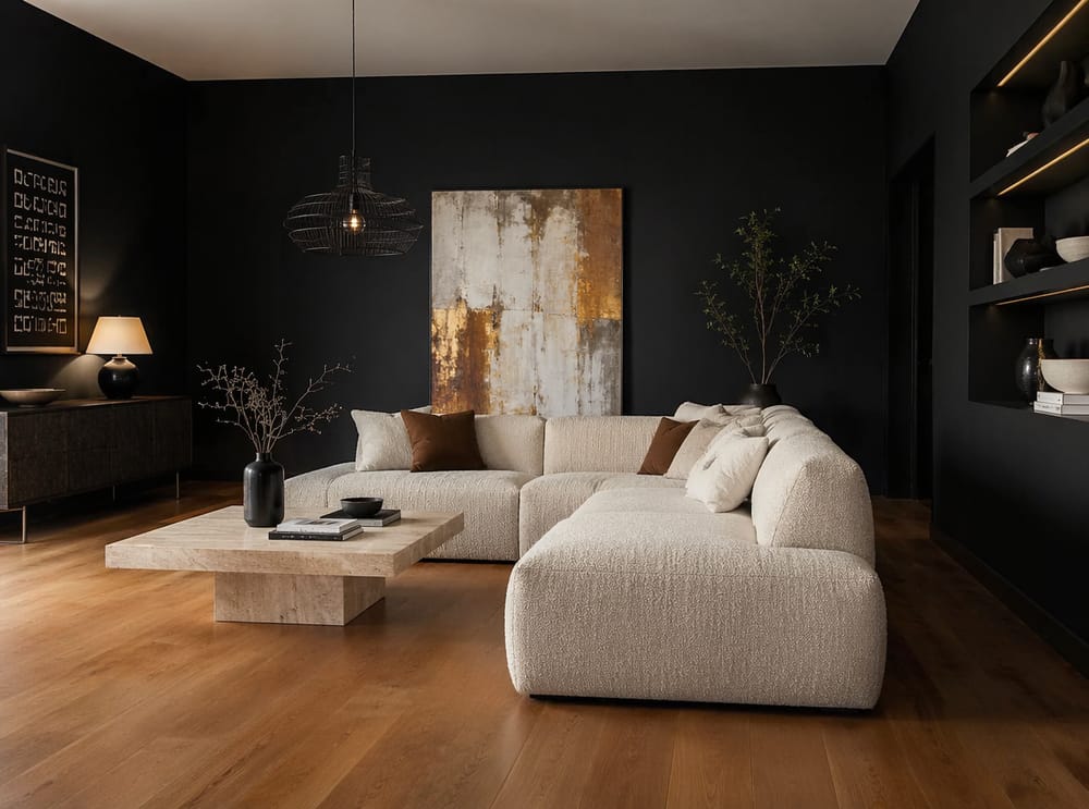 Kremfarget bouclé sofa mot tre matte svarte vegger