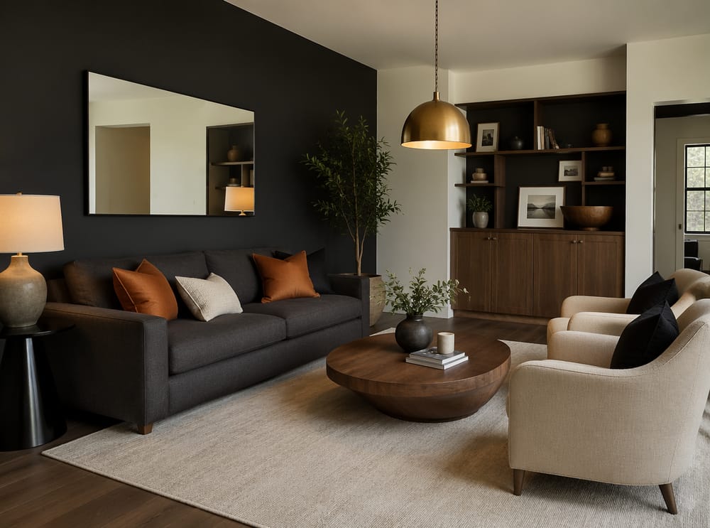 Svart veggspeil som reflekterer varmt lampljus over grå sofa