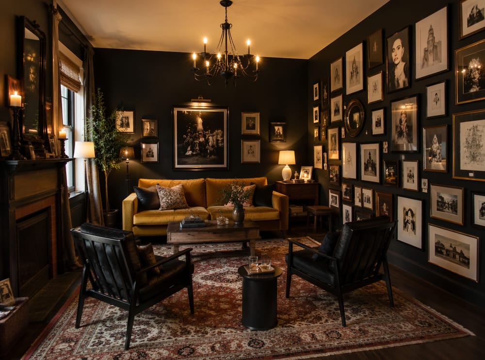 Sennepsgul sofa og gallerivegg i en varm svart stue