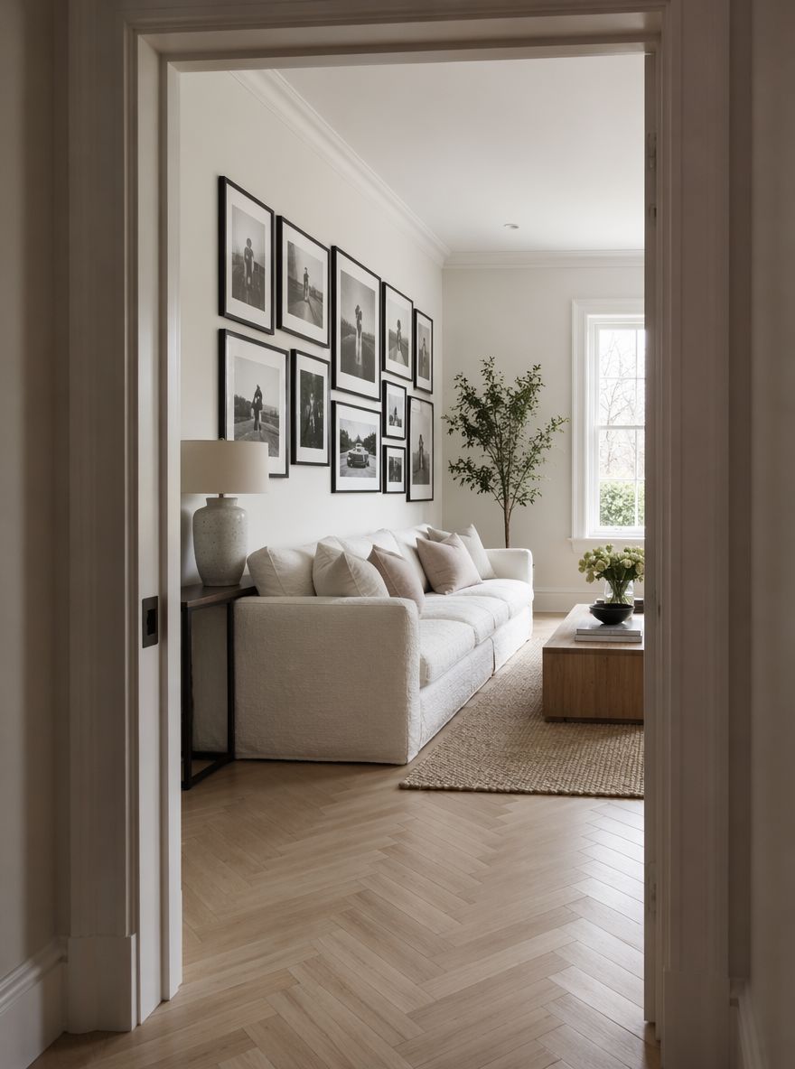 Svarthvitt bildegalleri over sofa med tekstur