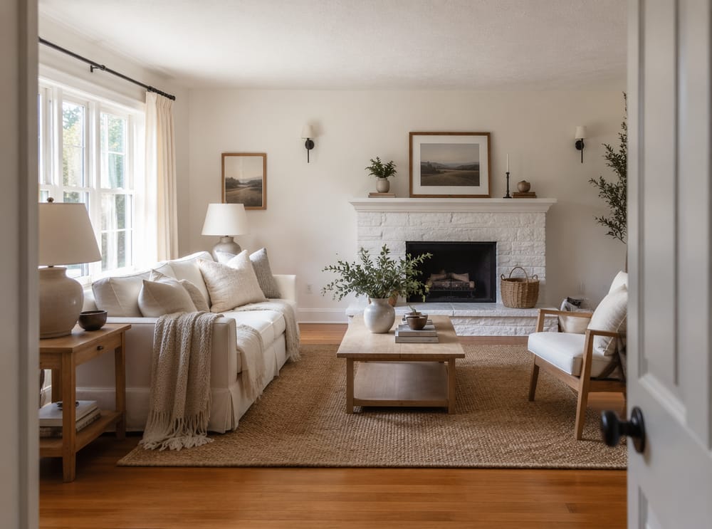 Linfarget sofa langs lengste vegg, peis motsatt