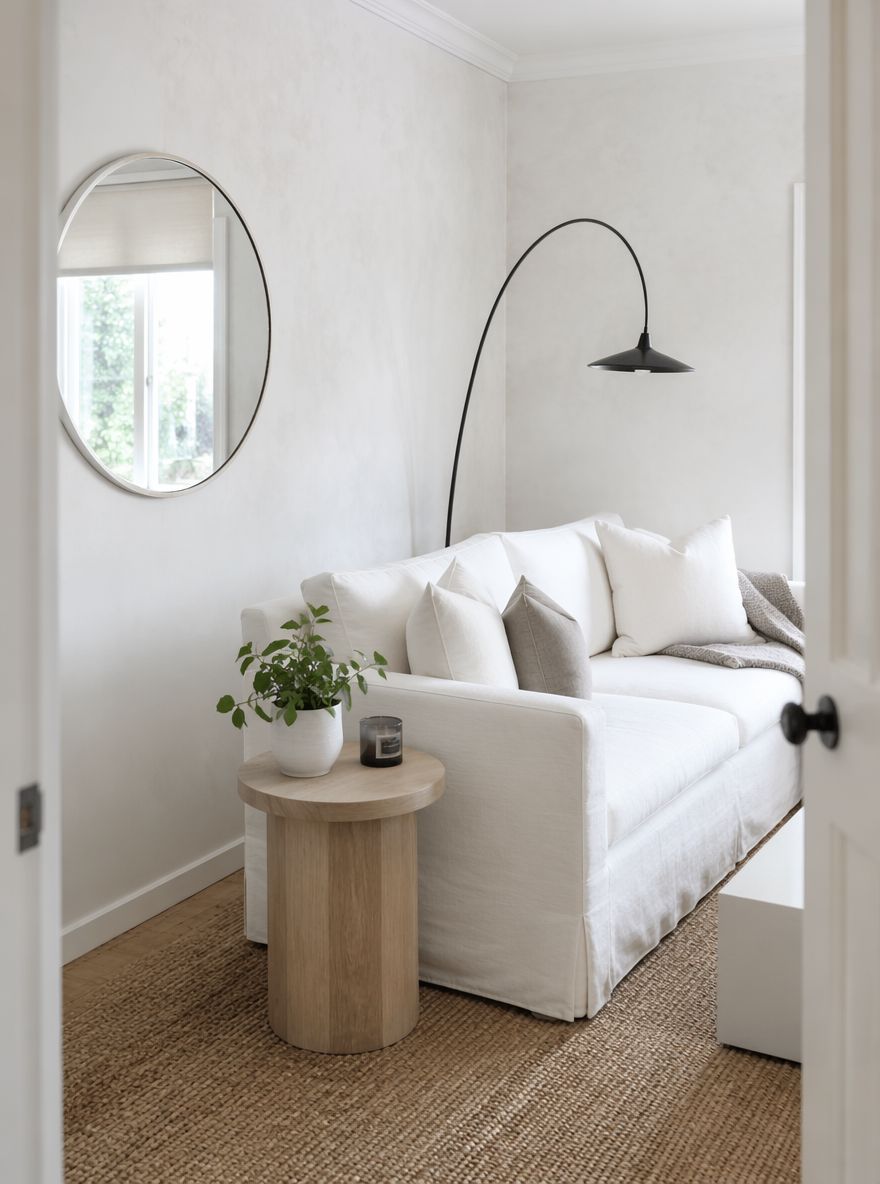 Sort buet gulvlampe, kalkede vegger, rundt speil