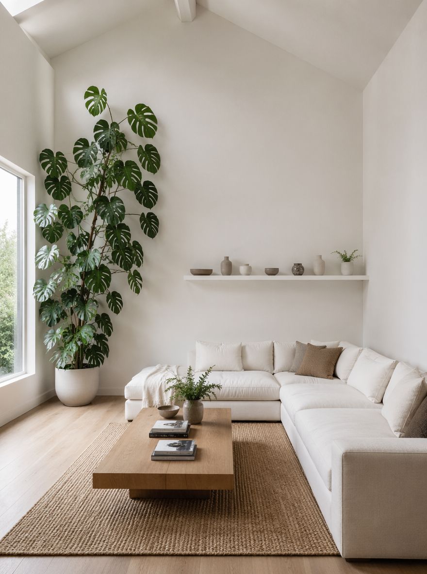 Høy monstera i hjørnet, svevende hylle over sofaen