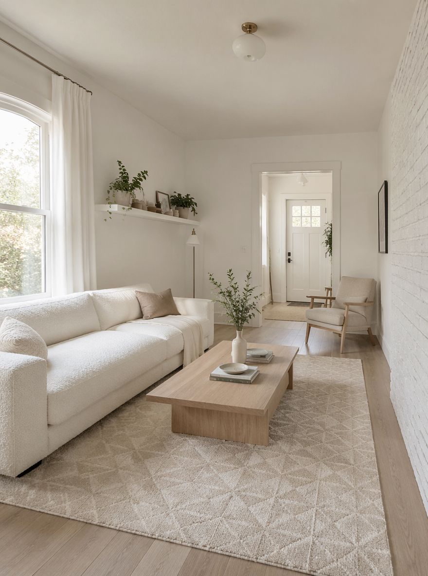 Hvitmalt murvegg, bleket eikebord, bouclé-sofa