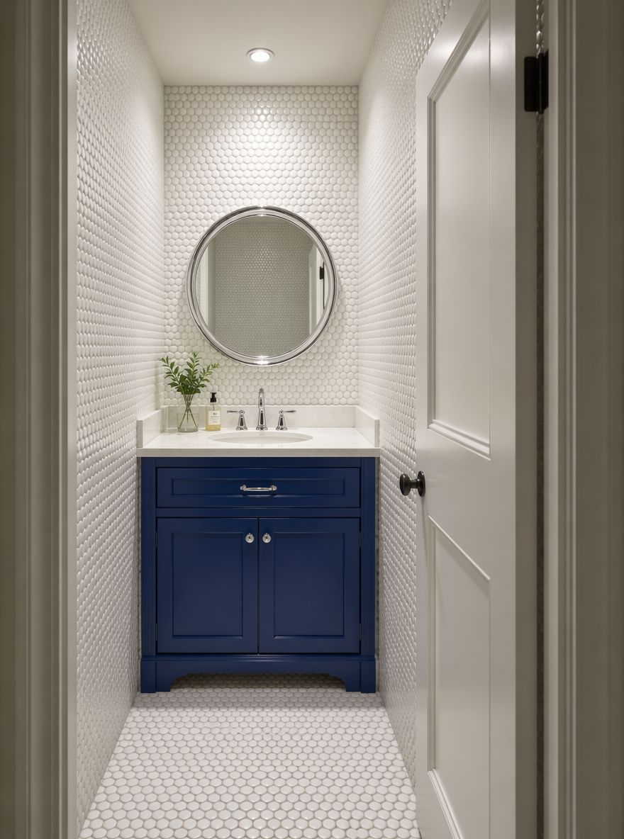 Mobile ad angolo blu cobalto in bagno con piastrelle penny