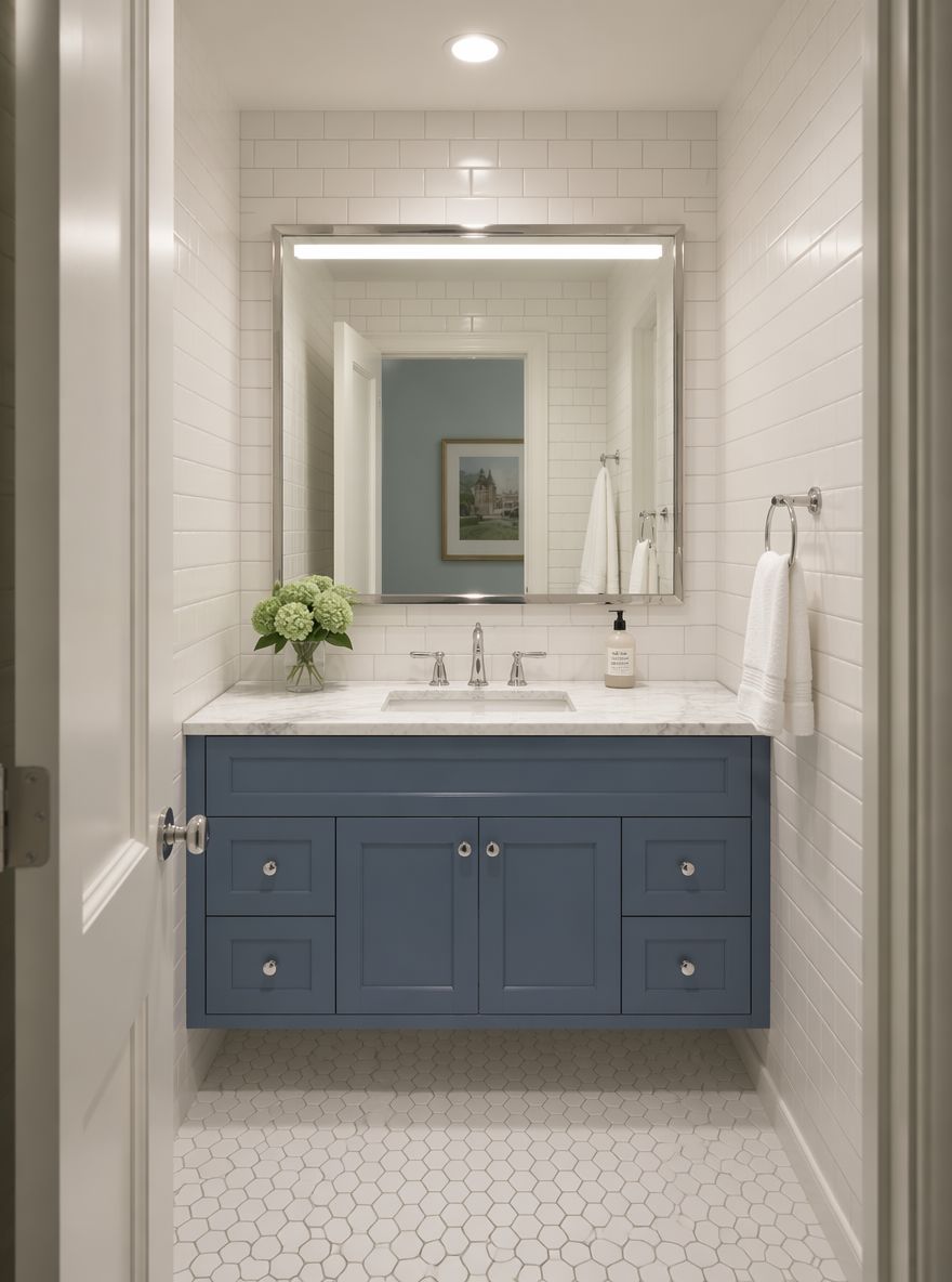 Mobile sospeso blu francese in bagno stretto total white