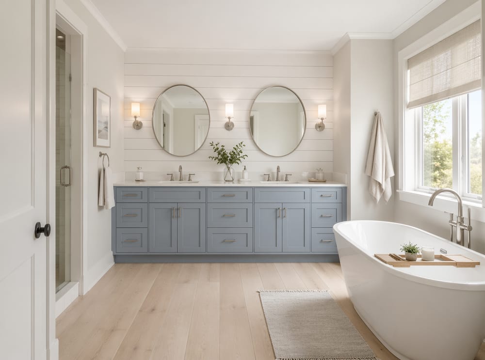 Mobile azzurro denim chiaro con parete effetto shiplap