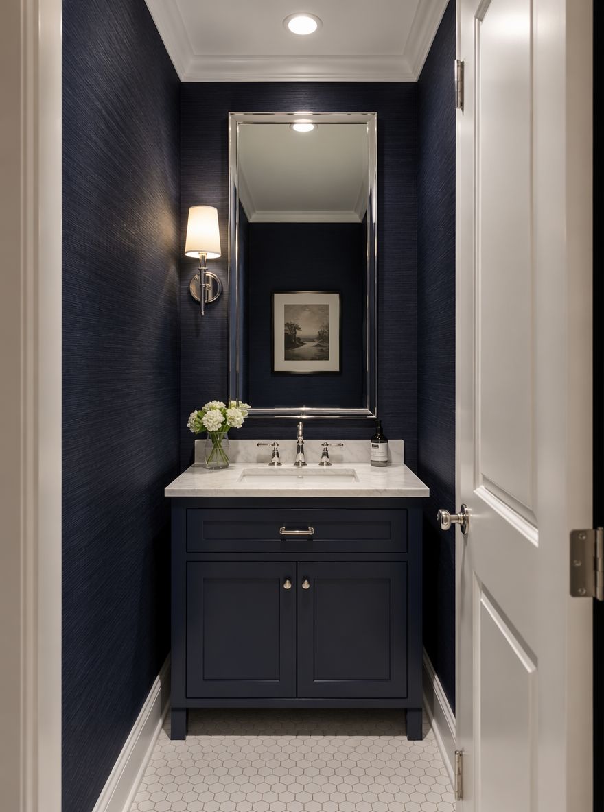 Mobile navy per bagno di servizio con carta da parati in grasscloth