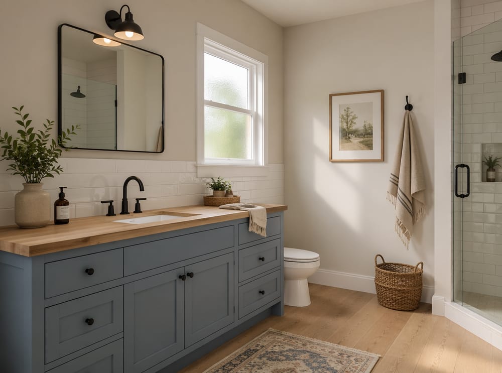 Mobile denim sbiadito con piano in rovere massello
