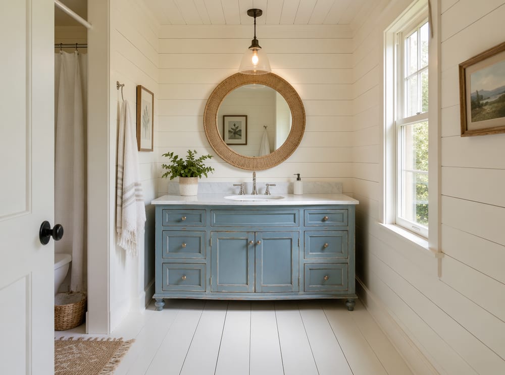 Mobile blu vintage con specchio tondo e cornice in rattan