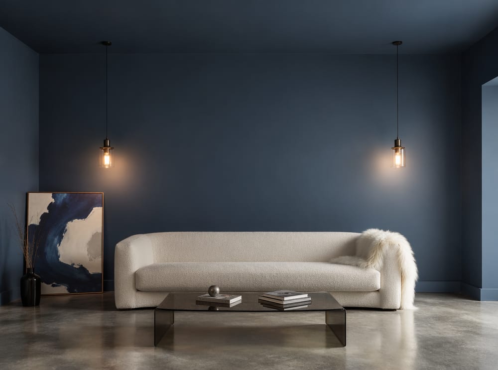 Soggiorno monocromatico blu ardesia con divano bouclé