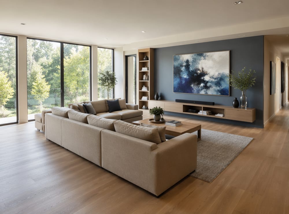 Parete attrezzata blu-grigio che definisce lo spazio open-space
