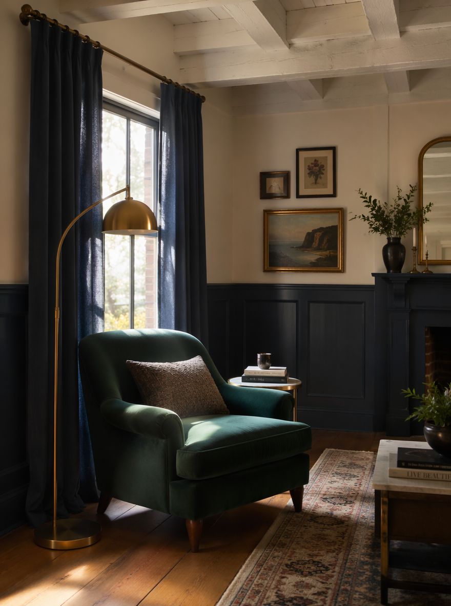 Boiserie navy con poltrona in velluto verde