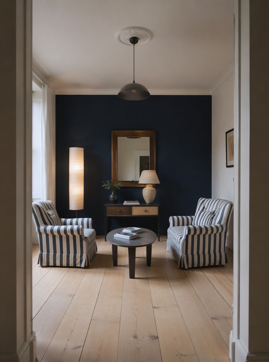 Parete navy in fondo che incornicia poltrone a righe