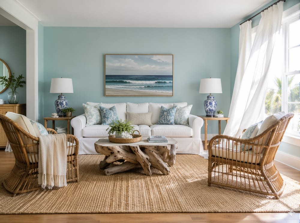 Pareti acquamarina con sedie in rattan e tappeto in sisal