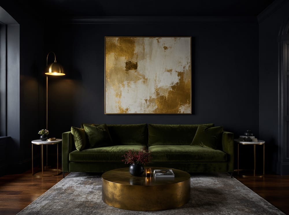 Stanza navy scuro con divano in velluto verde bosco
