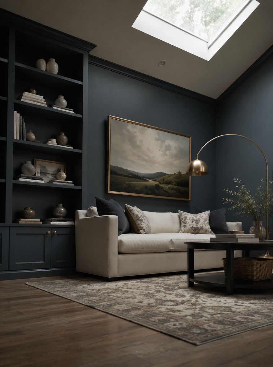 Mobili blu ardesia che salgono fino al soffitto