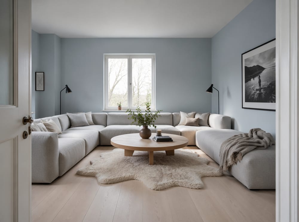 Stanza scandinava azzurro polvere con divano modulare