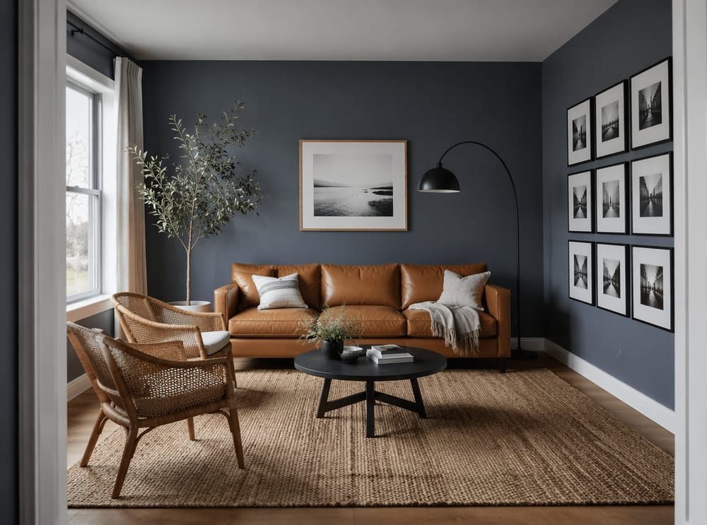 Pareti blu denim con divano in pelle cammello